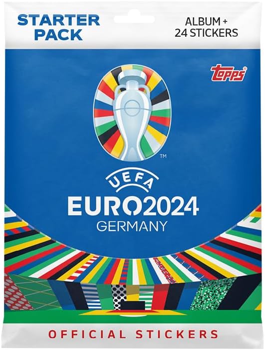 Topps Official Euro 2024 Sticker Collection - Starter Bundle - contains a Starter Pack plus 10 packets. Starter Pack contains an 88 page album plus 24 stickers.