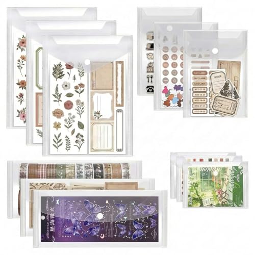 Sticker Organizer Clear Plastic Envelopes with Snap 12 Pack Waterproof and Durable for Sticker Storage Scrapbook Storage Washi Tape Scrapbooking & Stamping Supplies (Mixed Sizes)
