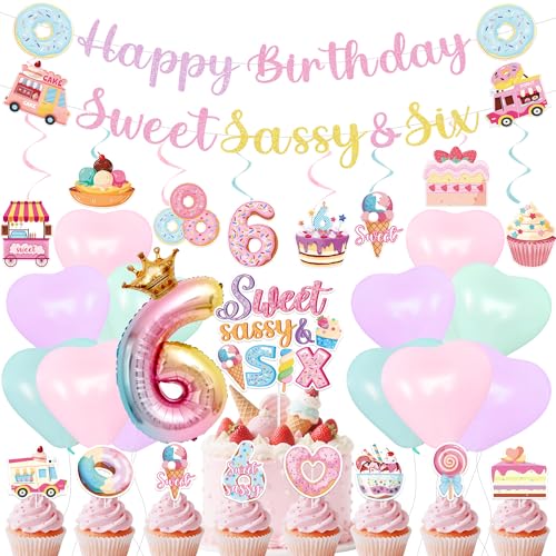 Image of 6th Birthday Party Decorations - 40 Pcs Donut Sweet Sassys and 6 Hanging Swirls Decor Set for Girl Six Years Old Doughnut Banner Supplies Candy Dessert Insert Cake Toppers Balloons Backdrop
