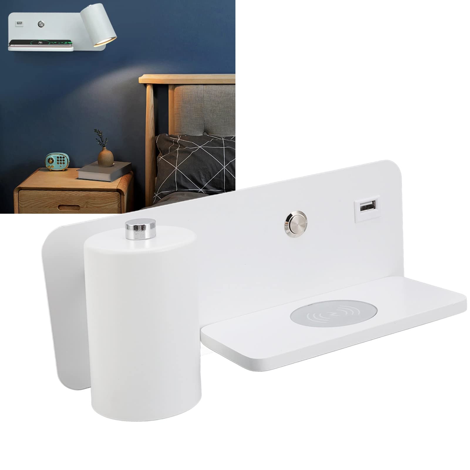 Applique a Led, Lampada Da Lettura a Parete Da Comodino Con Caricatore Wireless Da 5 V E Porta Di Ricarica Usb Lampada Da Parete Da Camera Da Letto Regolabile E Girevole Per Il(Sinistra bianca)