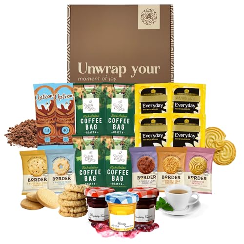 Afternoon Tea Hamper & Tea Gift Set – Tea and Coffee Hamper Gift with Teabags, Coffee Bags, Hot Chocolate, Mini Jams+Honey & Biscuits. Letterbox Gifts for her, Valentines Gifts for Her & Him