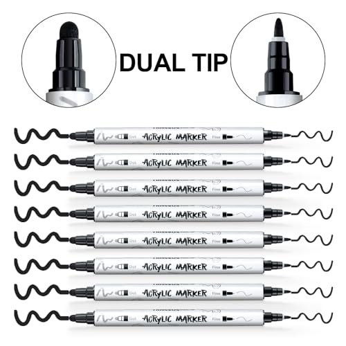 Image of TRANSON 8 Pack Black Bold and Fine Dual-tip Acrylic Paint Marker for DIY Glass Canvas Wood Leather Ceramic Rock Painting