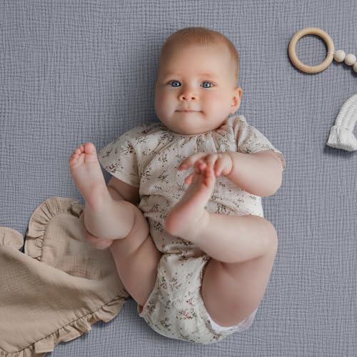 Image of Blissful Diary Muslin Mini Crib Sheets, 2 Pack, Light Blue & Grey | fitted for pack n play, soft and breathable cotton, boho style, easy care for machine wash, gifts for boys and girls