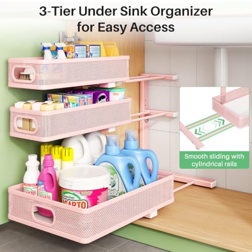 Image of Kitstorack Under Sink Organizer, 2-Pack 3-Tier Height Adjustable Thickened Metal Pull out Cabinet Organizer Shelf, Slide out Storage Drawer Rack for Bathroom Kitchen Pantry Home Organization, Pink