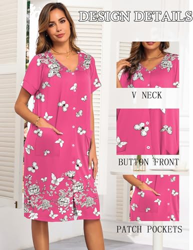 Image of Ekouaer House Dresses for Women with Pockets Button Down Nightgowns Plus Size Moo Moos Mumu Dresses Floral Print S-3XL
