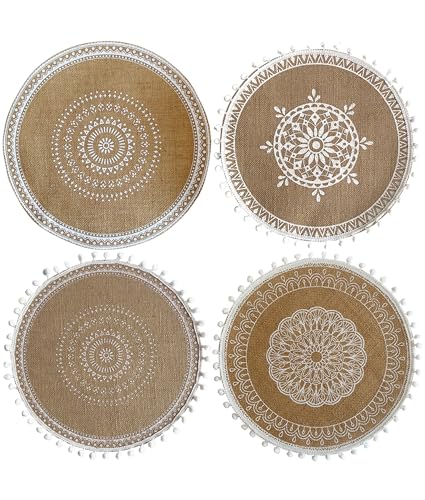 4PCS Burlap placemat Bohemian placemats Dining Table mat Round Table mats Kitchen Tablemats Ruffled Burlap Place mat Boho Decor Dining Table Accessories Decorations (Mix-Color#3-4PCS)