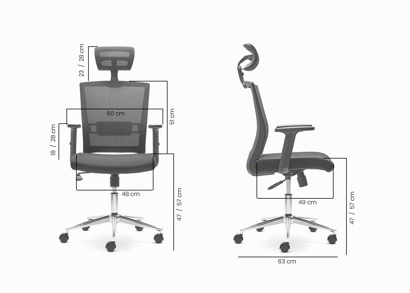 Euromof Silla Baku. Ergonomica y Resistente. Cabecero, Soporte Lumbar Acolchado, Brazos con regulacion de Altura y Base de Metal Cromado