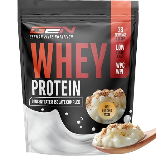 Whey Protein Pulver - 1000 g (Rice Pudding) - Mit Isolate Anteil - Instant lösliches Eiweiß Protein Pulver mit BCAA & EAA - German Elite Nutrition