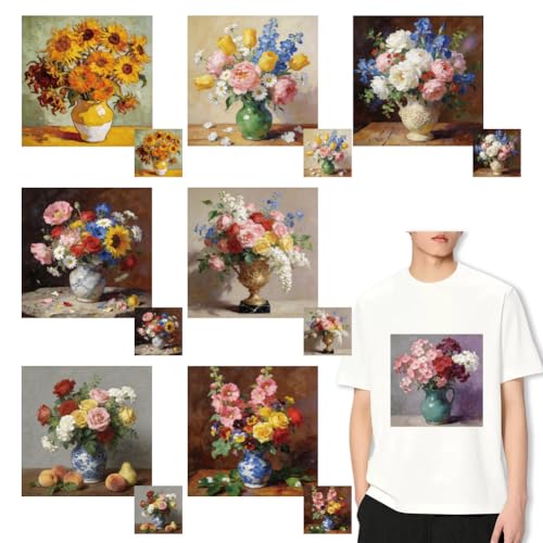 SUPERDANT 16PCS Iron On Transfer Paper Classical Oil Painting Flowers Heat Transfer Sticker Hot Press Patch Decals Applique DIY Decoration for Clothes T-Shirts Cushion