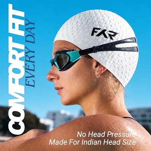 Image of Swimming Cap for Men, Women & Kids 6-14 Boys Girls |100% Silicone Swim Cap for Long Hair| Indian Head Size Cap Comfort (Pearl White, Embossed)