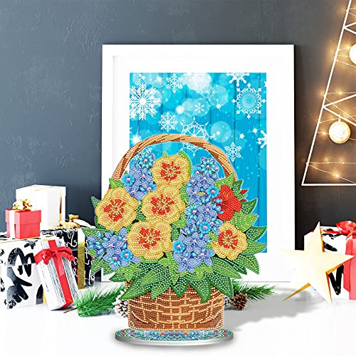 Image of AiYuanzsh Flower Basket Diamond Art Tabletop Ornament, Floral Double-Sided Acrylic Diamond Painting Desktop Decoration Kit, Large DIY Crystal Diamond Art Kits for Living Room Office Table Decor