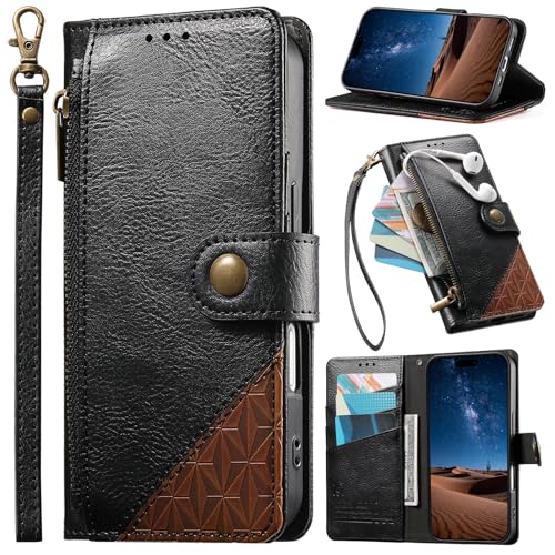Funda Tipo Libro para OPPO A54S/Oppo A16S, Piel sintética, Cierre magnético, función Atril, Tarjetero, Carcasa con Cremallera para OPPO A54S/Oppo A16S-Negro