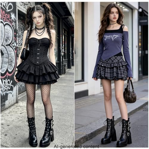 Image of MEOTINA Goth Women Platform High Heel Boots Buckle Combat Ankle Booties | Features edgy gothic steampunk rave emo sexy cosplay styling, designed with thick heel, buckle, studded ,lace up and zipper