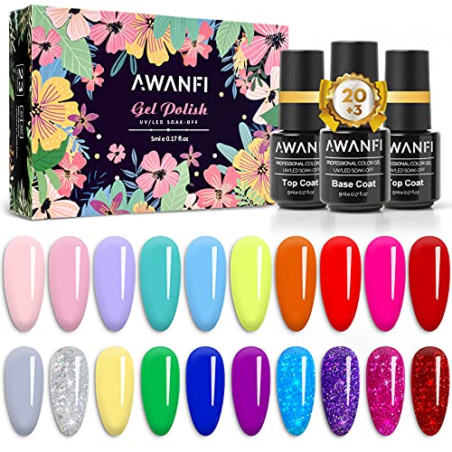 Gel Nail Polish Kit - AWANFI 23 Pcs Soak Off Nail Polishes Set UV LED Gel Polish with Glossy & Matte Top and Base Coat, Rainbow Silver Glitter Pink Yellow Green Blue Full Colors Nail Polish with Gift Box