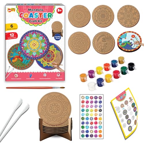 Image of Little Berry Mandala Coaster Painting Kit for Kids & Adults | DIY Wooden Tea Coaster Craft Kit with 6 Pre-Marked Coasters, 12 Non-Toxic Paints, Brush & Stand | Art & Craft Gift for Boys & Girls 5+