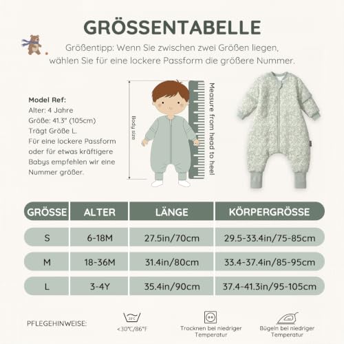 Mosebears Baby Schlafsack mit Beinen 2.5 Tog Warm gefüttert winter kinder schlafsack abnehmbaren Ärmeln Junge Mädchen Unisex Schlafanzug (6… – Ansicht 5