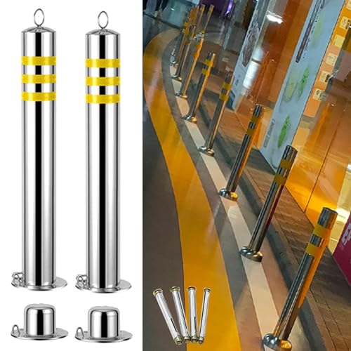 WDJBPSH Set of 2 Traffic Delineator Posts, Stainless Steel Driveway Barrier Parking Cones Visual, for Crowd Control/Street Stanchion/Road Cones, Detachable & Lockable Base Warning Pile(H-80cm/31.4in)