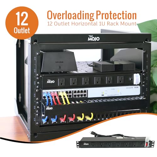 Image of Tecmojo 1U Rackmount Network-Grade PDU, 12 Wide-Spaced Right Angle Outlets, Circuit Breaker 12A (UL Certified 12A) 6ft Cord w / 5-15P Plug, Black