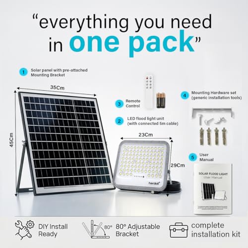 Image of hardoll Solar Flood Light 250W with Remote, Cool White LED, 5M Cable, Waterproof IP65 Aluminium + Lens Body, Replaceable 25000mAh Lifepo4 Battery for Home, Garden, Terrace, Outdoor (Pack of 1)