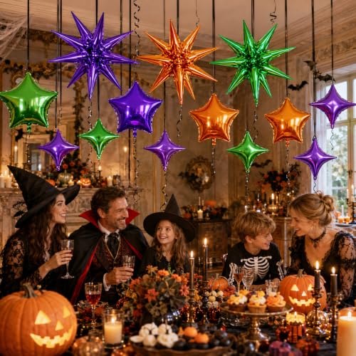 Image of Star Balloons Halloween Balloon Purple Orange Green Explosion Stars Balloon | 22 /18 /10 In Metallic Orange Purple Green Spike Stars Foil Balloon for Halloween Ghost Themed Birthday Gradution Party Decor