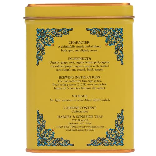 Image of Harney & Sons HT Organic Ginger Lemon Herbal Tea, 20 Sachets in Tin | Organic herbal tea with ginger root, lemon peel and black pepper. Naturally caffeine free.