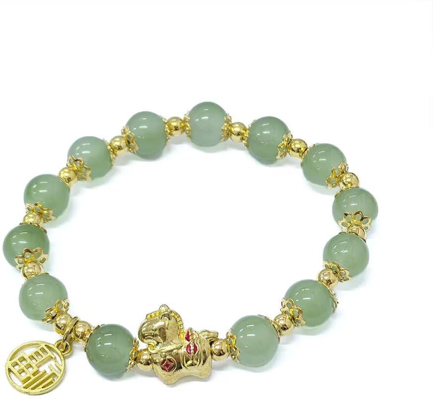 2026 New Year of The Horse Beaded Charm Bracelets Red Lucky Charm Bracelet Jade Stone Beaded Chinese Zodiac Feng Shui Stretch Bracelets for Women Blessing New Year Animal Jewelry Light Green - Image 1 of 5