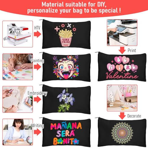 Image of Legigo DIY Craft Canvas Pencil Case - Blank Makeup Pouch, Multi-Purpose Travel Toiletry Bag, Zipper Cosmetic Bags, 8.3 x 5 Inch, Black, 10 Color Zippers