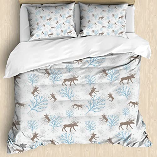 Yaofuren Moose Theme 3 Pieces Duvet Covers King Size，Bedding Winter Retro Forest Print Duvet Cover，Decorative 3 Piece Bedding Set With 2 Pillow Shams For All Season （Brown，King） #TOP6