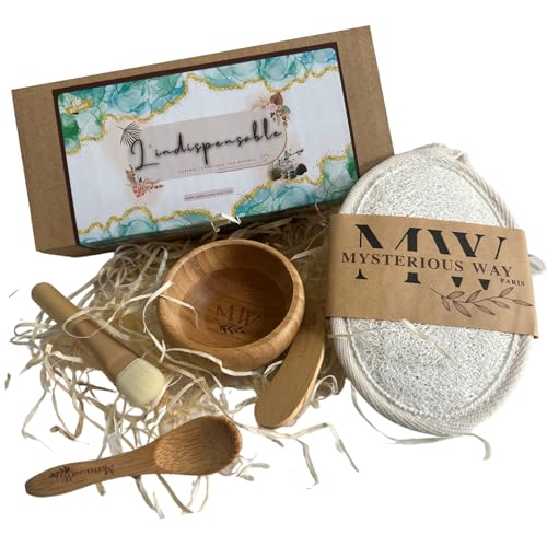 Bol masque cuillère spatule en bambou Pinceau gant toilette loofah cadeau soins visage peau luffa…Kit coffret masques L'indispensable -masques de soins, Henné, Argile,
