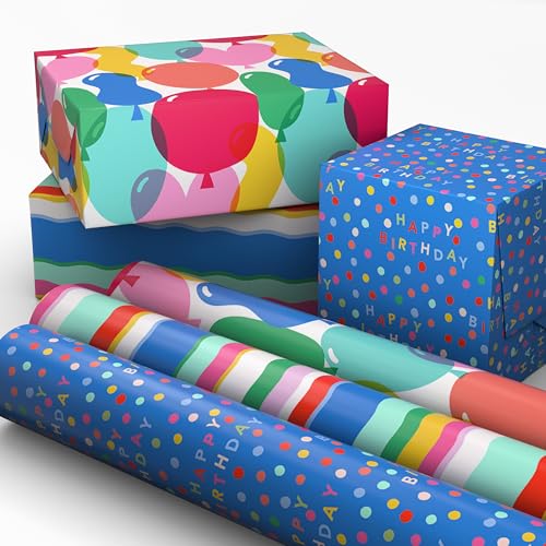 Hallmark Birthday Wrapping Paper Mini Rolls 3-Pack (Wavy Rainbow Stripes Colorful Balloons Polka Dots on Blue) for Graduations Kids Parties Celebrations Any Occasion - 60 Sq. Ft. Total