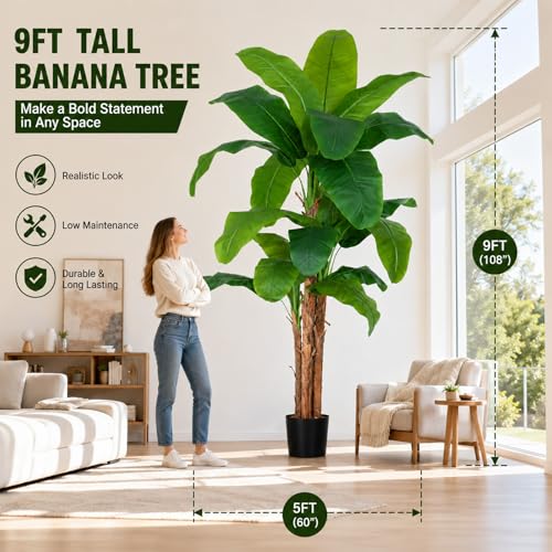 Image of 9ft Extra Tall Artificial Banana Tree, Fake Banana Leaf Plant with 24 Faux Banana Leaves, Perfect for Home Indoor Outdoor Patio Office Tropical Decor