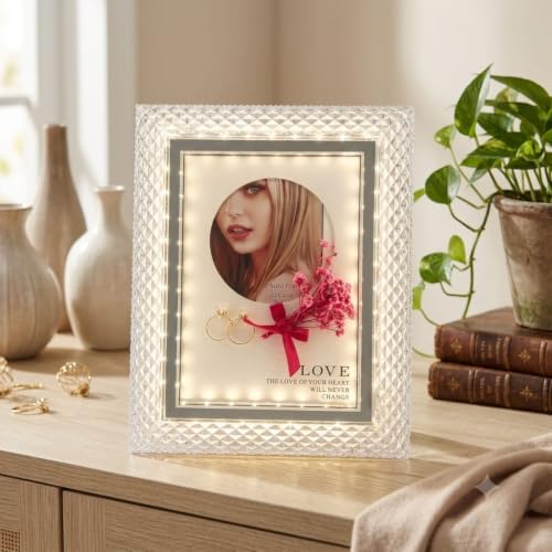 Image of LED Photo Frame with Built-in Warm White Light - Crystal Acrylic Glowing Picture Frame for 4x6 Inch Photos, USB Powered Elegant Desktop Decor for Home, Office, and Gifting