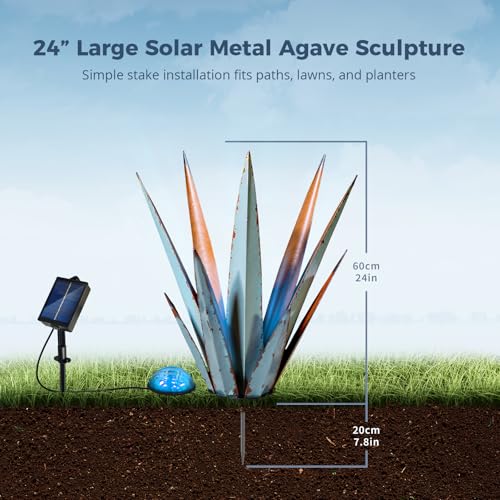 Image of KODIBO 24 inch Metal Agave Plant Outdoor Decor with Solar Light, Vintage Blue