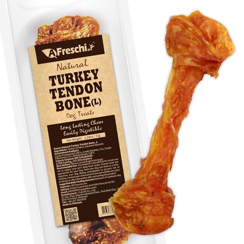 AFreschi Turkey Tendons for Dogs, USA-Sourced, Healthy Dog Treats, Rawhide-Free Puppy Chews, Long Lasting, All Natural, Hypoallergenic Dog Treats for Large Breeds, 1 Count Pack Bone (L)