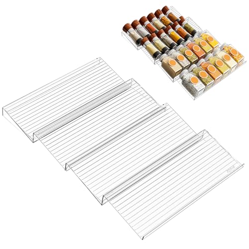Gewürzregal Schublade, Gewürz Schubladen Organizer Küche, Spice Drawer Rack von 27 Bis 58cm Ausziehbar, Gewürzschublade Organizer für Küchen, Schrank, Arbeitsplatte, Acryl, 4 Stück, Transparent