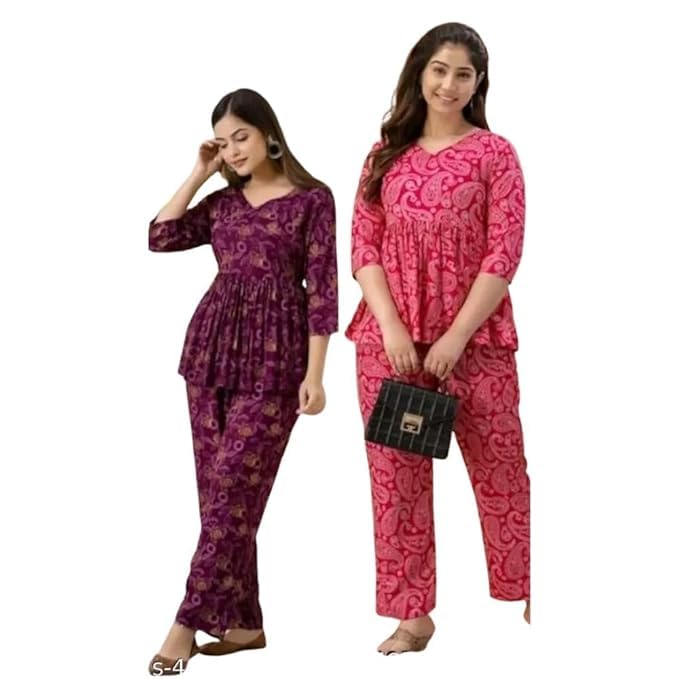 Womens Rayon Printed Co-ord Set Stylish Casual Wear Top & Bottom Set Comfortable Wear Two Piece Outfit Pack of 2-image-13