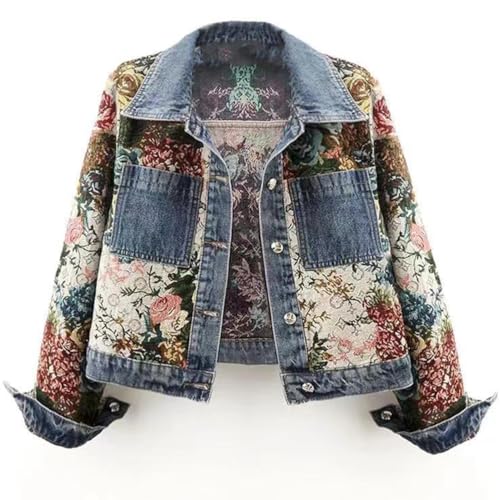 Women Flower Print Jean Jacket, 2025 Autumn Y2K Long Sleeve Button Down Lapel Cropped Denim Outerwear - Main Image