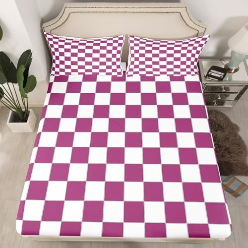 Image of Erosebridal Girls Purple Checkered Sheet Set White Lavender Buffalo Plaid Grid Bed Sheets Twin,Checkerboard Bedding for Kids Teen Women Geometrical Gingham Bed Sheet Set 3 Piece