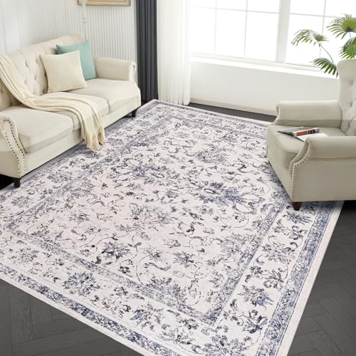 Image of Washable Rug 8x10 for Living Room - Navy Blue Stain Resistant Urtla Thin Area Rugs with Non Slip Rubber Backing - Indoor Floor Carpet for Dining Room Home Office Dorm, Blue /White