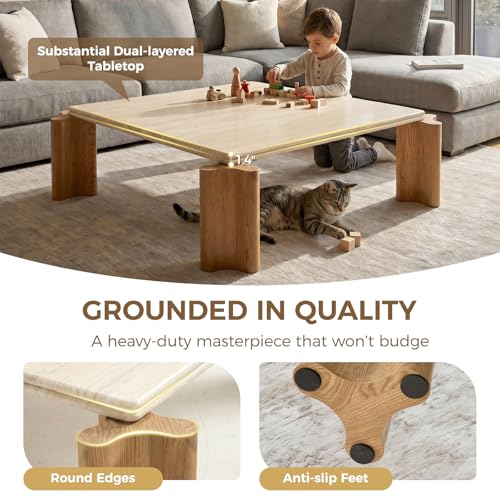 Image of Hyfirm Large Faux Travertine Coffee Table, 47 inch with Curved Wood Legs