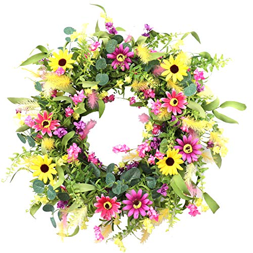 Artificial Spring Wreath 24 Inch Summer Wreath Flower Wreaths for Front Door with Colorful Flowers for Wall Window and Farmhouse Decor