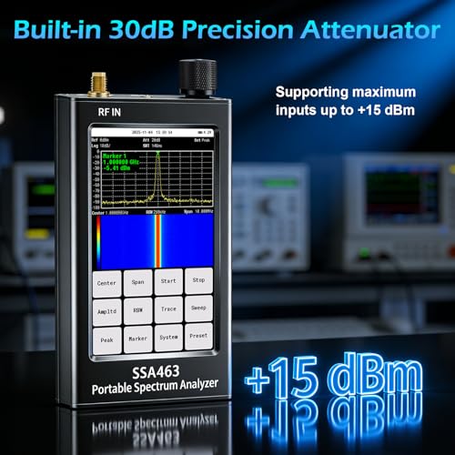 Image of AURSINC Portable Spectrum Analyzer SSA463, 35MHz - 6.3GHz Frequency Analyzer, RF Signal Generator with 4.3 inch Touchscreen, Built-in 30dB Precision Attenuator for RF Testing, Harmonic & Signals Analysis