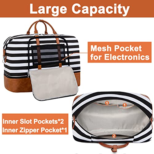 Image of Tibes Travel Weekender Bag for Women, Polyester Overnight Bag with Shoe Compartment Oversized Travel Duffel Bag Carry On Tote 21 inch, L-Black & White Strips, Large, Weekender Bag