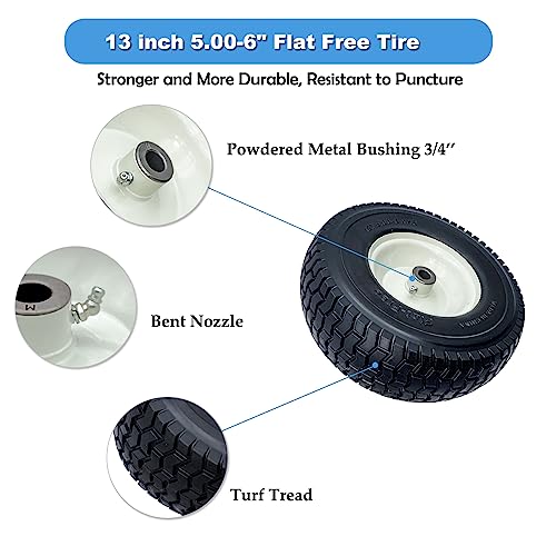 Image of 2-Pack 13x5.00-6 Flat-Free Tire with Rim,3 inchCentered Hub with 3 /4 inch Bushings,w /Grease Fitting,400lbs Capacity,13x5-6 No-Flat Solid Rubber Turf Wheel,for Riding Lawn mower,Garden Cart,Wheelbarrow