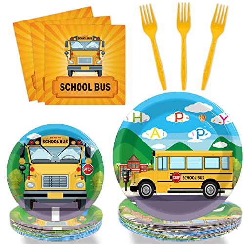 Image of gisgfim 96 Pcs School Bus Party Plates and Napkins Party Supplies Back to School Birthday Party Tableware Set School Bus Decorations Favors for Birthday Baby Shower for 24 Guests