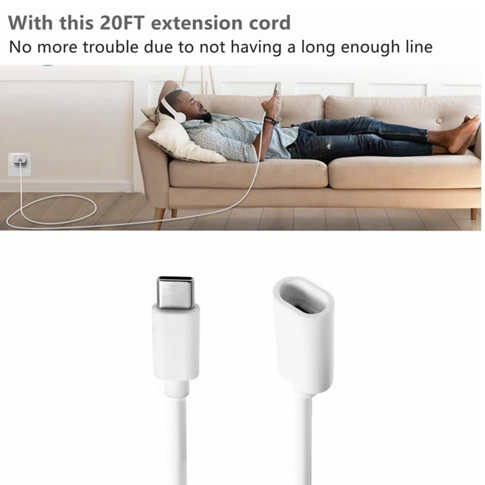 Cable de extensión de alimentación de 20 pies de largo, USB C macho a hembra compatible con cámara interior Ring Pan-Tilt (versión 2024), cargador Mag-Safe, iPhone 16/15 (blanco, 20 pies)