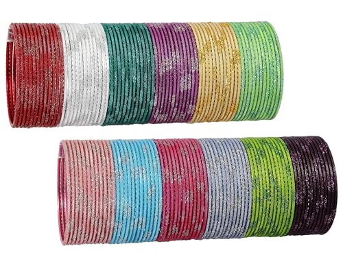 Image of NMII Stylish Multi colour Metal Bangles set for women and Girls with Zari and Cutting Design | Fancy Multicolour Bangles for women | Metal Chudi Set For Women | Women's Bangles
