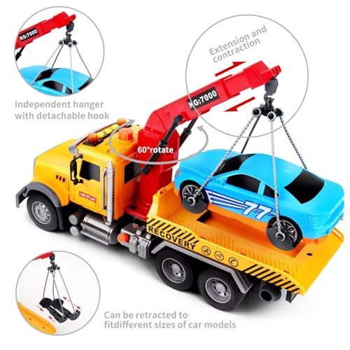 Image of Dwi Dowellin Kids Toys for 3 4 5 6 7 Years Old Boys, 15 inch Large Tow Truck Toy,Friction Powered Transport Truck Crane Toy with Lights and Sounds,with Roadster,Toddlers Gifts