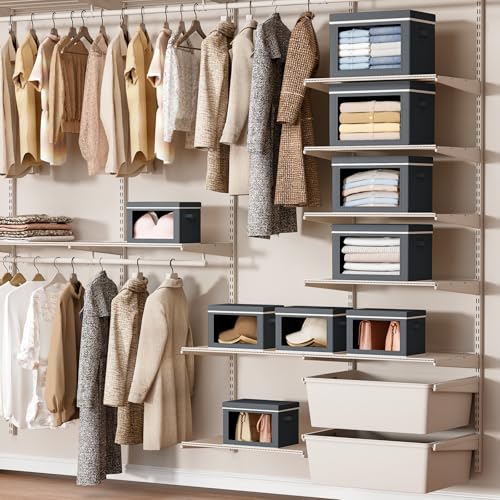 Image of Homsorout Storage Bins with Lids - Small Fabric Organizers with Window, Collapsible Storage Bins for Clothes, Decorative Closet Organizers for Towels, Tshirt, 3 Pack, Dark Grey