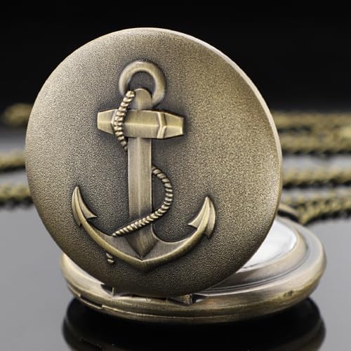 Image of Tiong Pocket Watch Anchor Pattern Design Roman Numerals Quartz with Chain Birthday Gifts